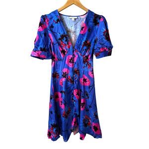 Topshop Women's Floral V Neck Mini Dress Blue Size 4 with Flaw